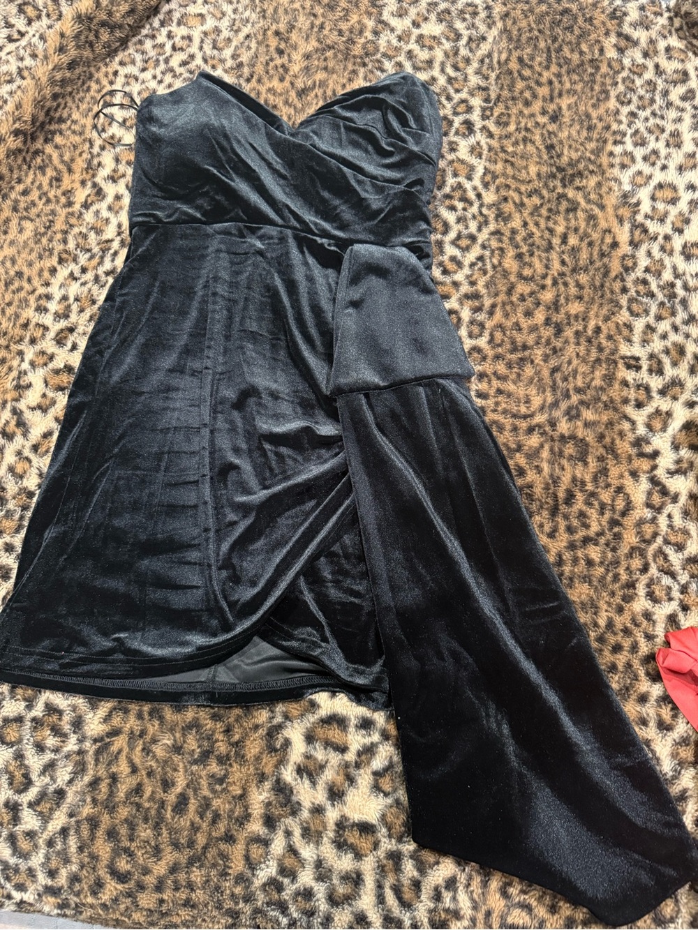 Fashion Nova Black Velvet Strapless Slip with Draped Sash Accent